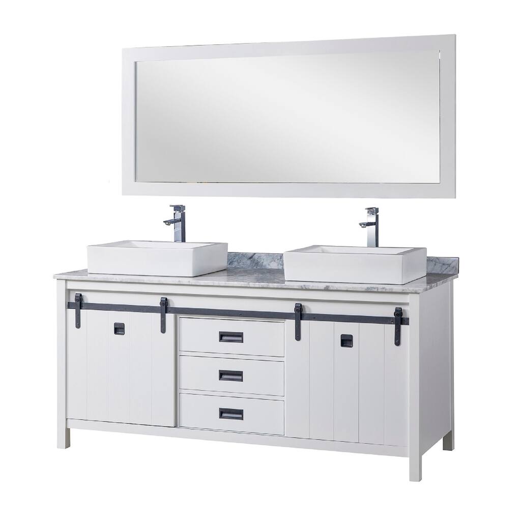 Da Vinci 72 in. Vanity in White with White Carrara Marble Top with white vessel sinks and Mirror
