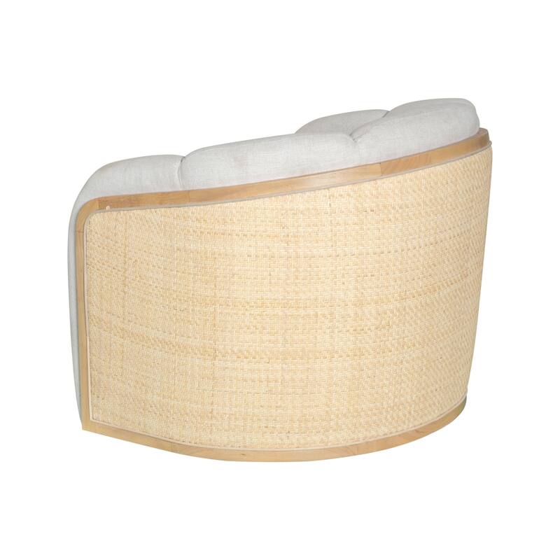 HomeRoots 34" Off White and Natural Fabric Wood And Rattan Swivel Arm Chair - 33.80 in. x 28.10 in. x 31.80 in.