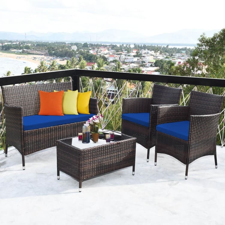 Rattan Patio Conversation Furniture Set with Glass Table and Comfortable Sofa - 4 Pcs