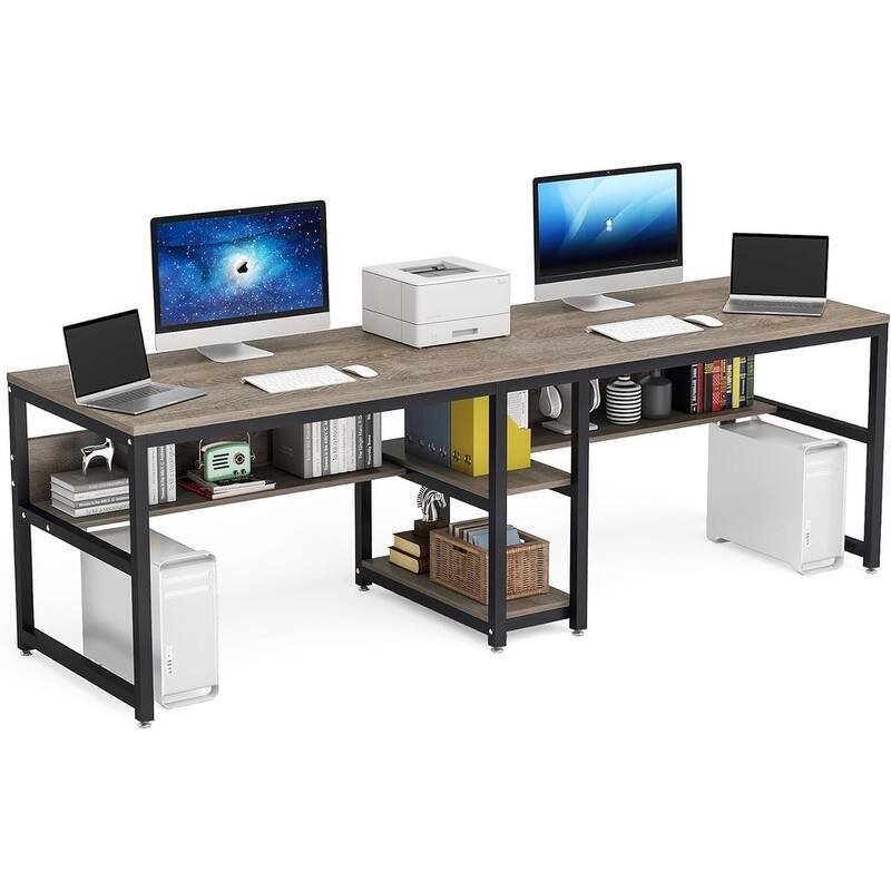 Two Person Desk with Bookshelf, Double Office Desk - Grey+Black