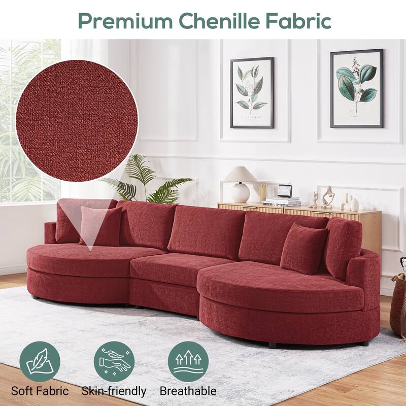 Roomfitters Modern Curved 3-Seater Sofa Couch with Throw Pillows, 129 Inch Wide