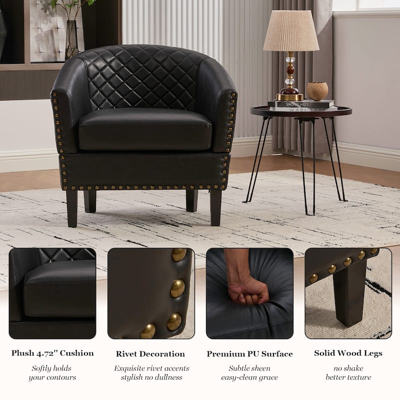 HOMEFUN Leather Upholstered Nailhead Wooden Frame Barrel Club Chair with Solid Woood Legs