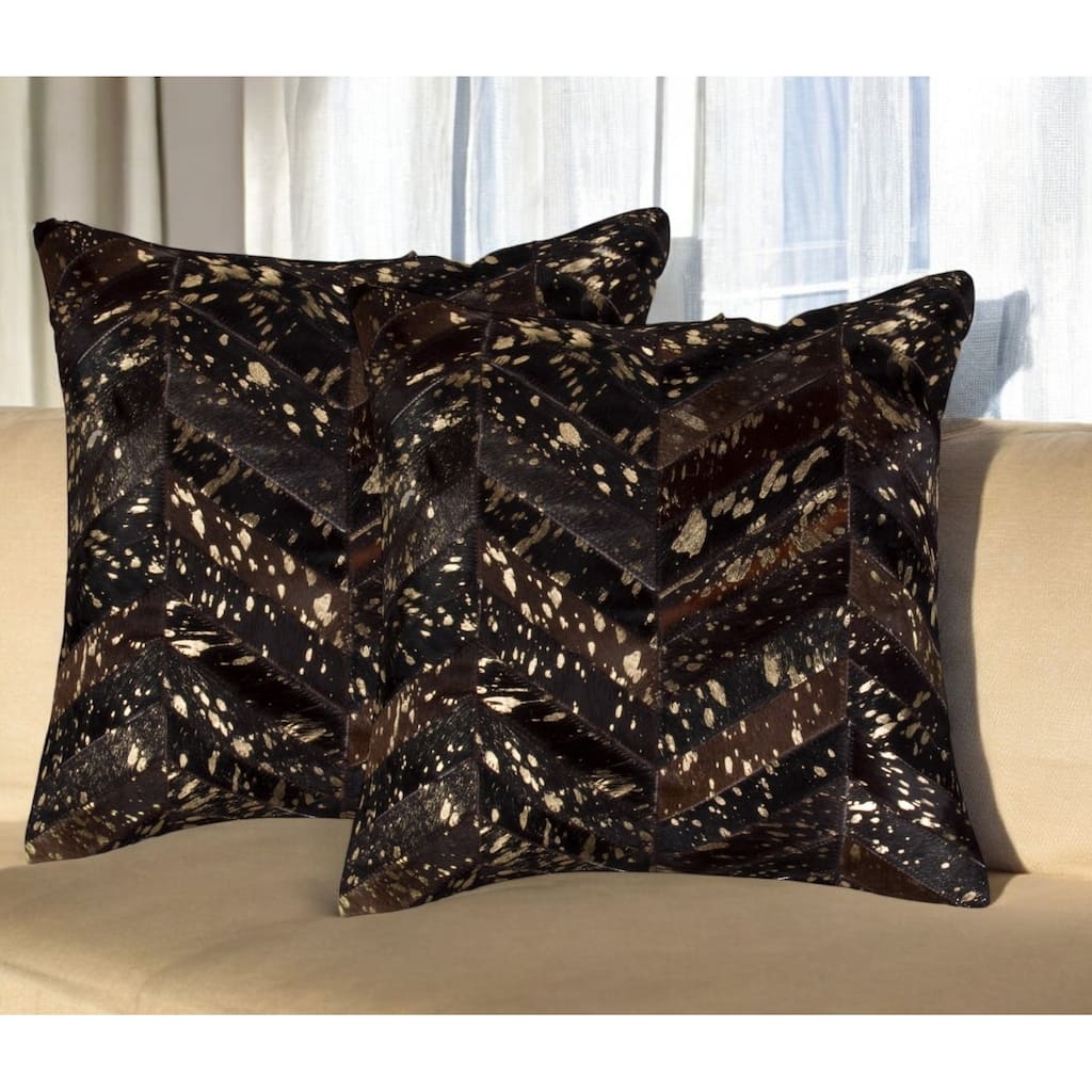Set of Two 18" Chocolate and Gold Chevron Cowhide Throw Pillows with Glitter