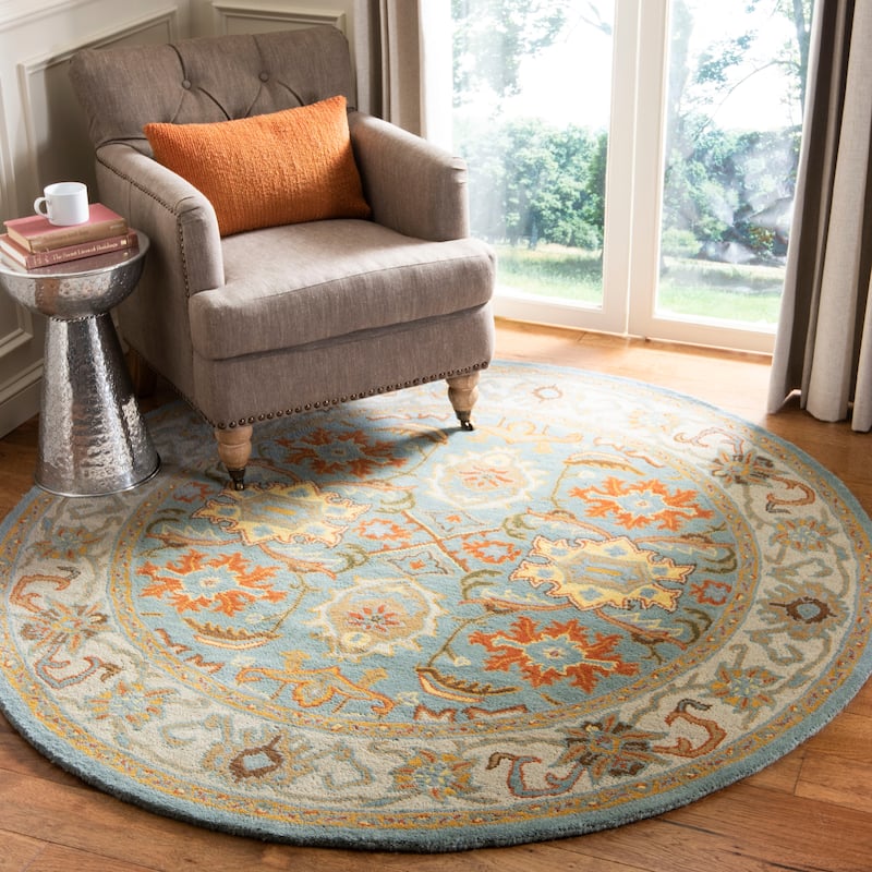 SAFAVIEH Handmade Heritage Dot Daisy Traditional Oriental Wool Rug - 9' x 9' Round - Light Blue/Ivory - Runner/Round
