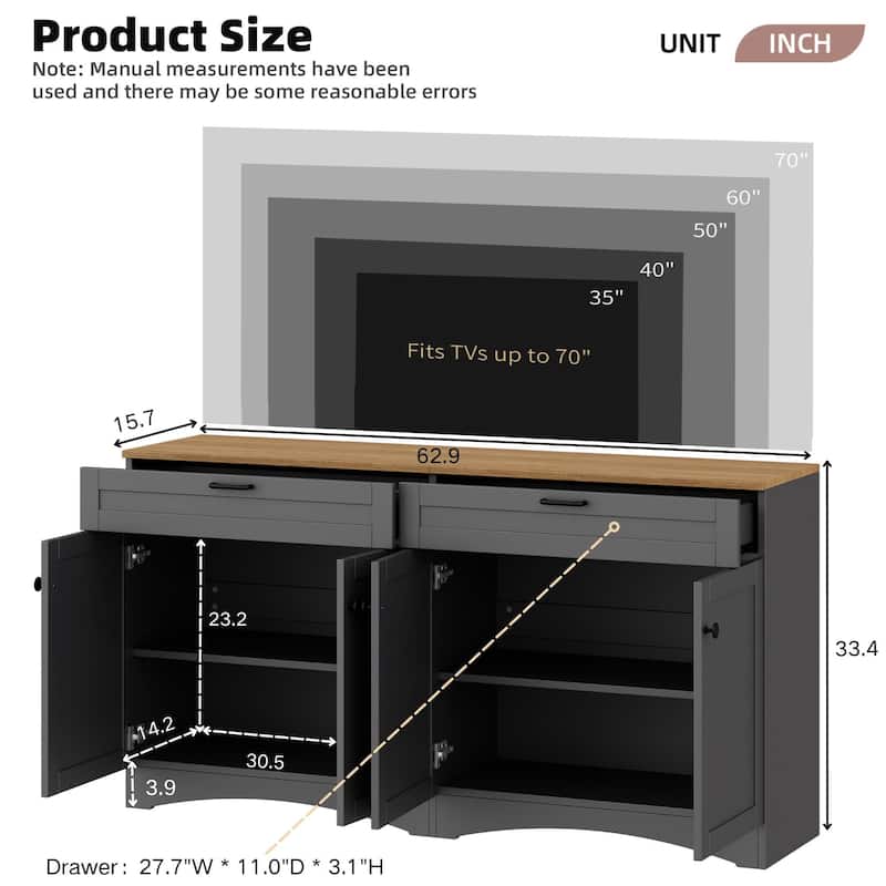 62.9" TV Stand - Wood-Grain Top, 2 Adjustable Cabinets and 2 Drawers, Fits 70" TVs
