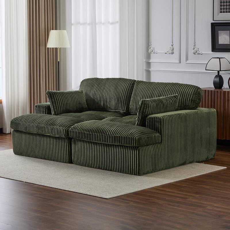 Double Chaise Lounge Sofa - Upholstered Sleeper Cloud Couch, No Assembly, Corduroy - Living Room, Bedroom - Green