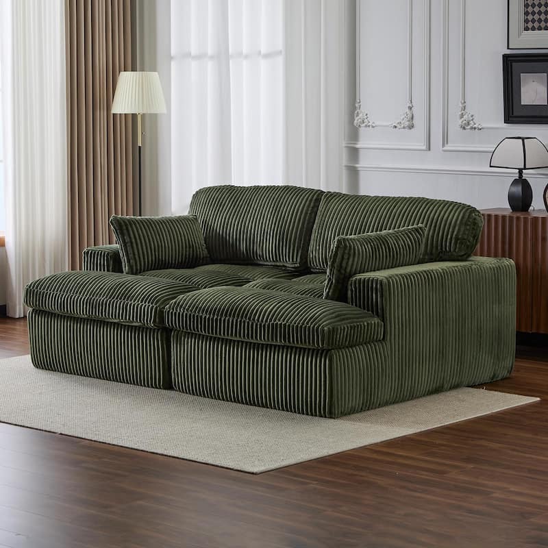 Modular Corduroy Upholstered Sectional Sleeper Sofa Bed with Double Chaise Lounge Chairs Livingroom Oversized Deep Seat Loveseat - Green