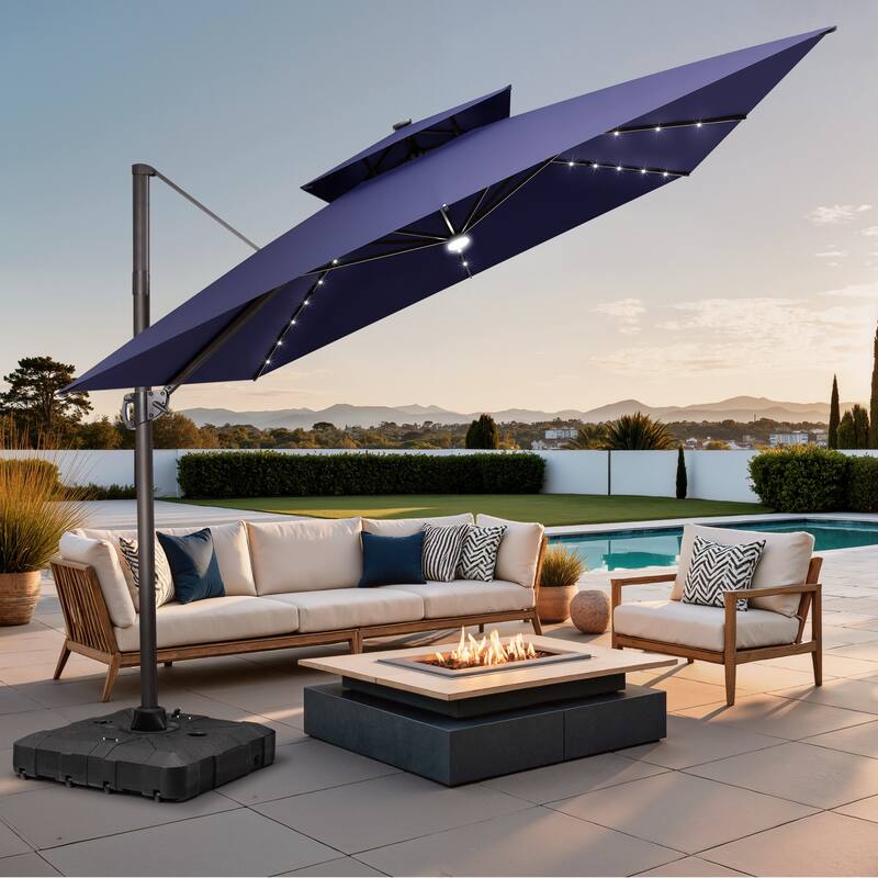 11 FT Square Outdoor Patio Cantilever Umbrella with Solar Lights All-Weather Wheeled Base Double Canopy 360 Rotation Tilt - NavyBlue