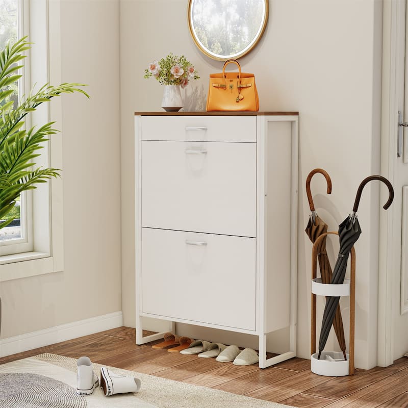 Wood Hidden Shoe Cabinet with 2 Flip Drawers for Hallway - Ancient White