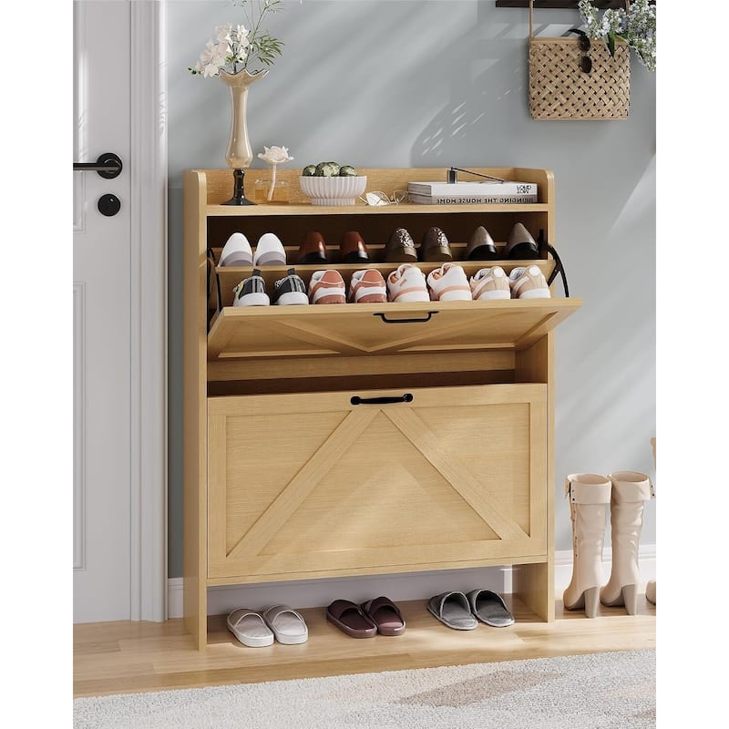 Freestanding Slim Shoe Storage Cabinet with 2 Flip Drawers for Entryway Hallway - Beige