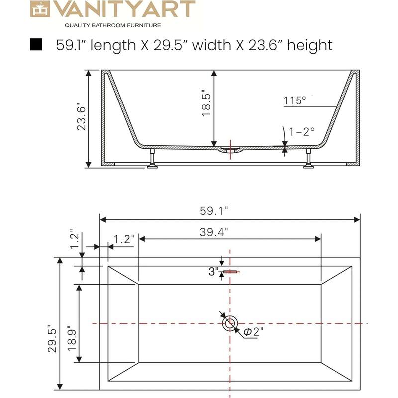 Vanity Art 59" Acrylic Freestanding Soaking Bathtub with Overflow & Pop-up Drain
