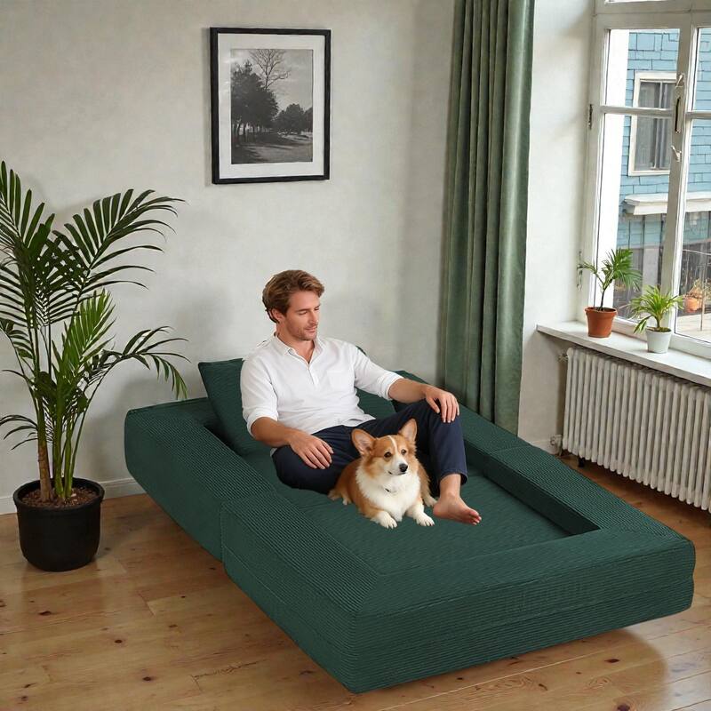 Compression Human Dog Sofa Bed, 3-in-1 Corduroy Floor Couch with Pillow, Folding Lounger for Adults & Pets