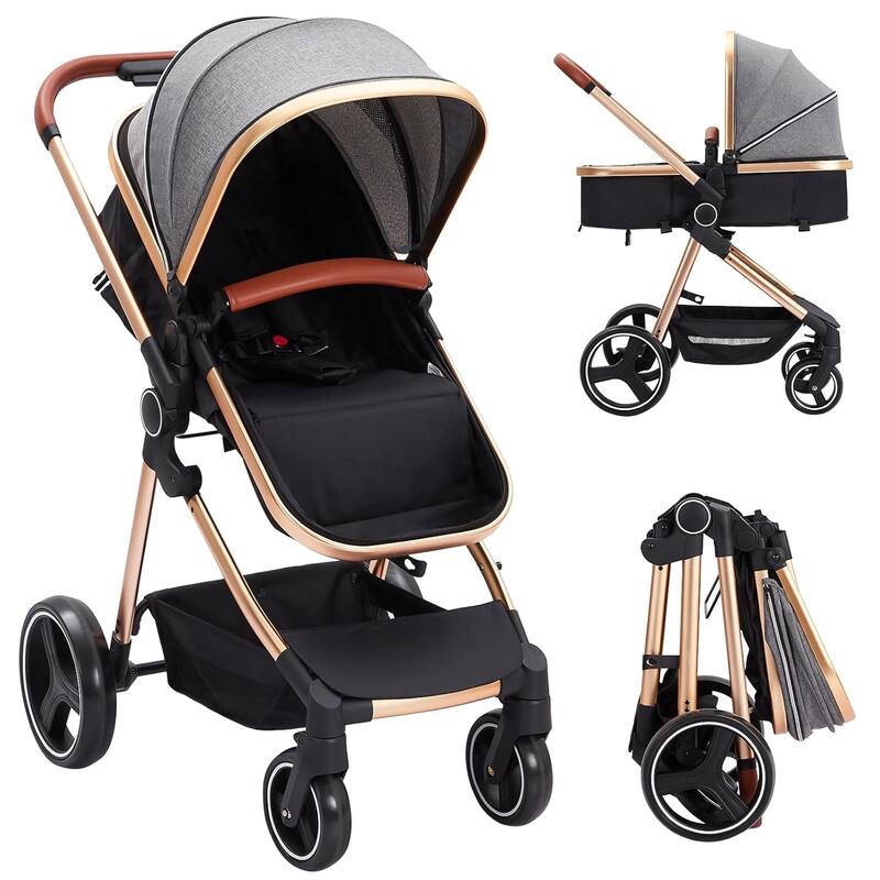 3-in-1 Reversible Baby Stroller with Adjustable Backrest and Canopy - Grey