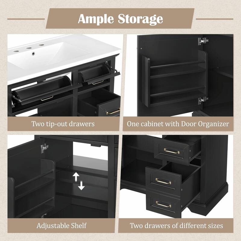 36" Bathroom Vanity with Sink, Tip-out Drawers & Soft-Close Door Hinges