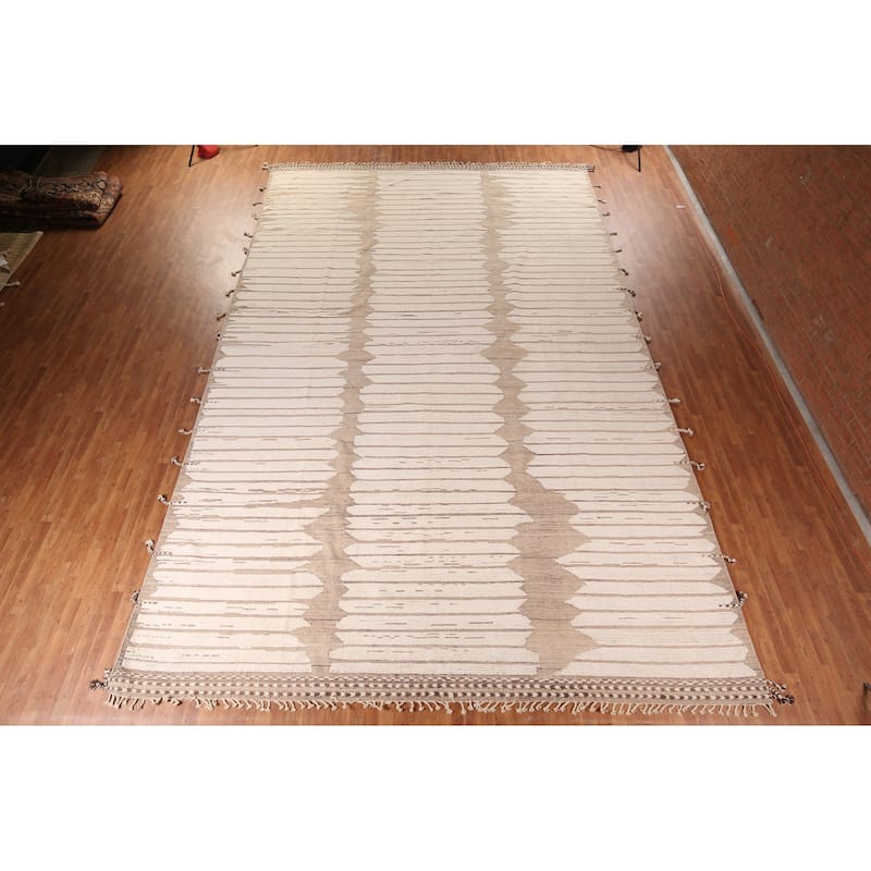 All-Over Striped Moroccan Large Area Rug Hand-Knotted Wool Carpet - 12'8"x 20'3"