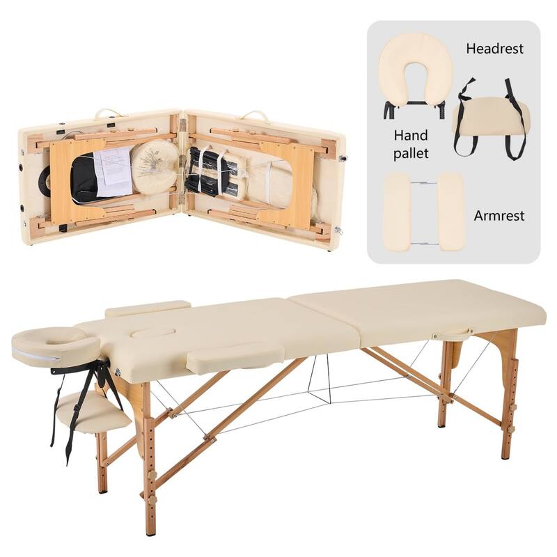 Portable 2 Fold Adjustable Foldable Massage Table with Armrests - White