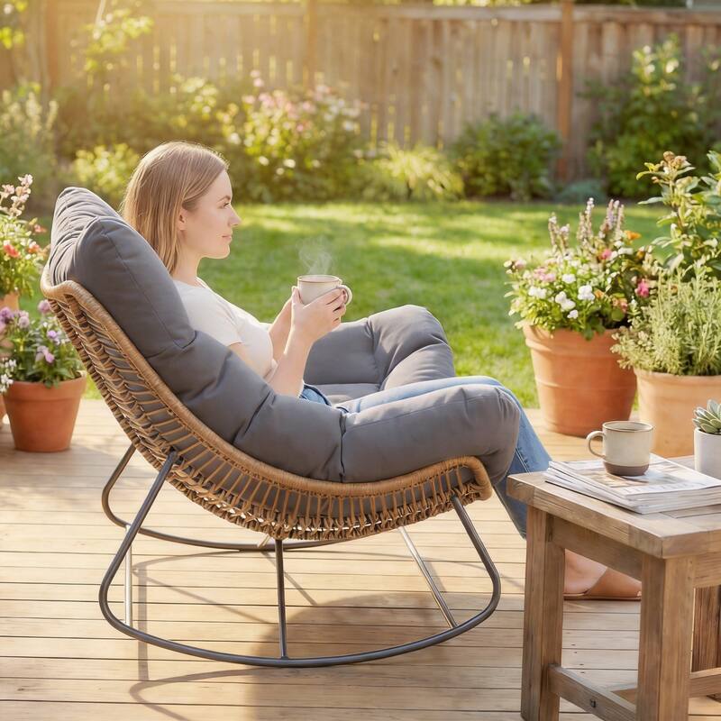 Outsunny Double Papasan Rocking Chair, Wicker Oversized Indoor Outdoor Rocking Chair with Cushion