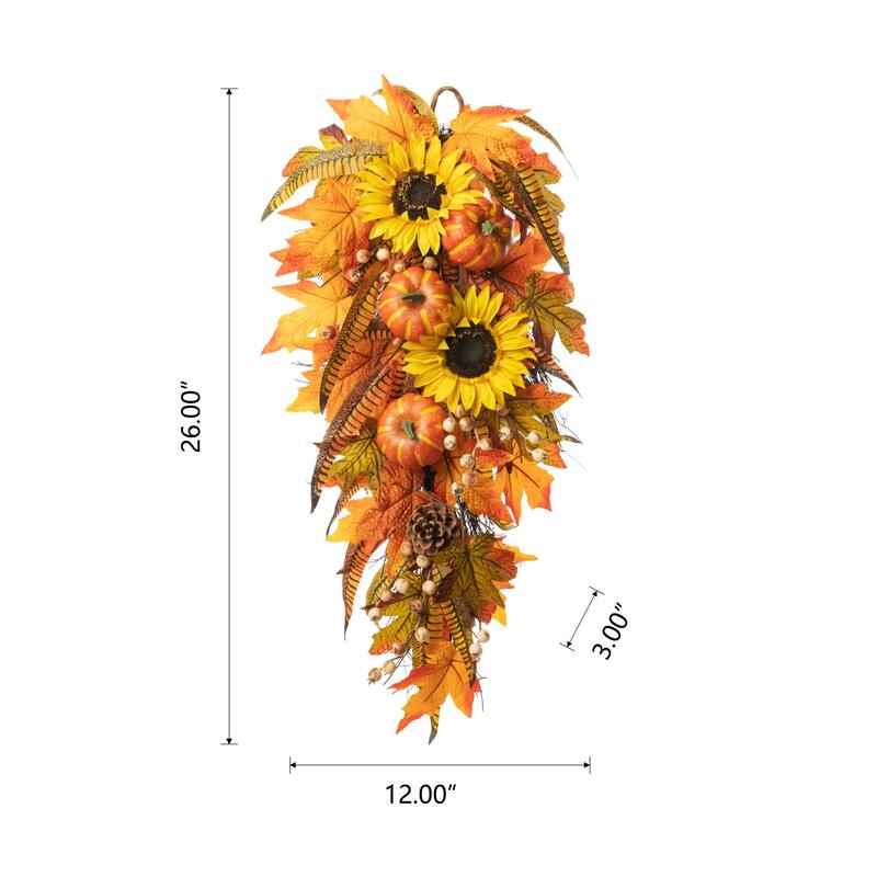 Glitzhome 26"H Fall Sunflower Pumpkin Lotus Leaf Teardrop Swag for Thanksgiving