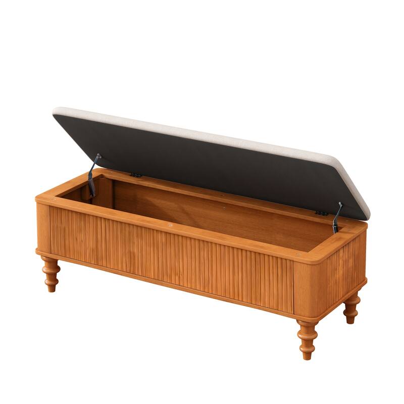 50.8-inch Multi-Functional Storage Ottoman Bench-Solid Rubberwood Bed End Bench with Linen Seat, Storage Bench for Bedroom