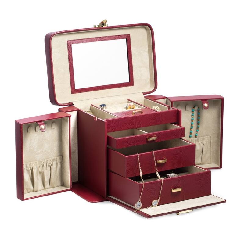 Curata Red Lizard Textured Leather with Mirror Swing-Out Sides 3-Drawer Jewelry Case