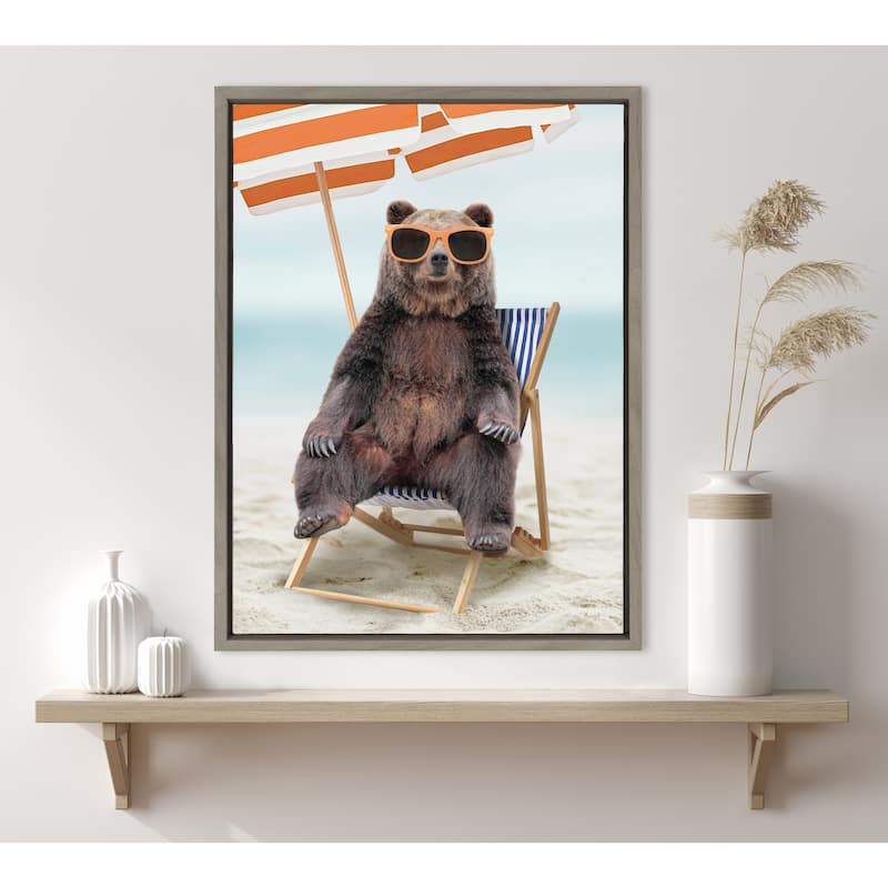 Kate and Laurel Sylvie Beach Chair Bear Framed Canvas by Amy Peterson