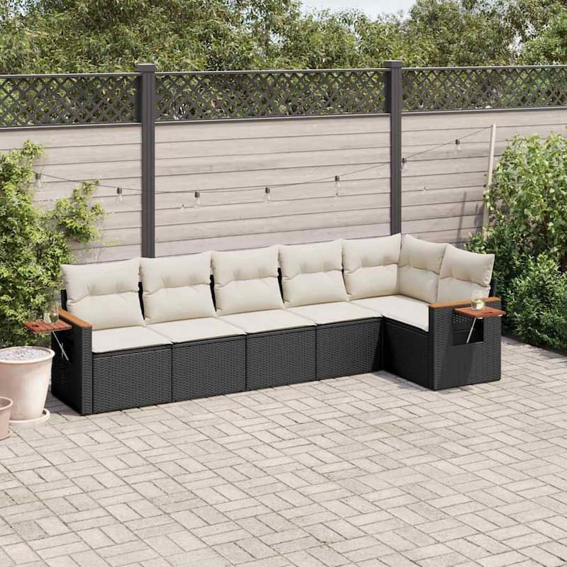 vidaXL Patio Sofa Set with Cushions Outdoor Conversation Furniture Poly Rattan - Black and cream without table - 24.4 x 33.5 x 27.2 in