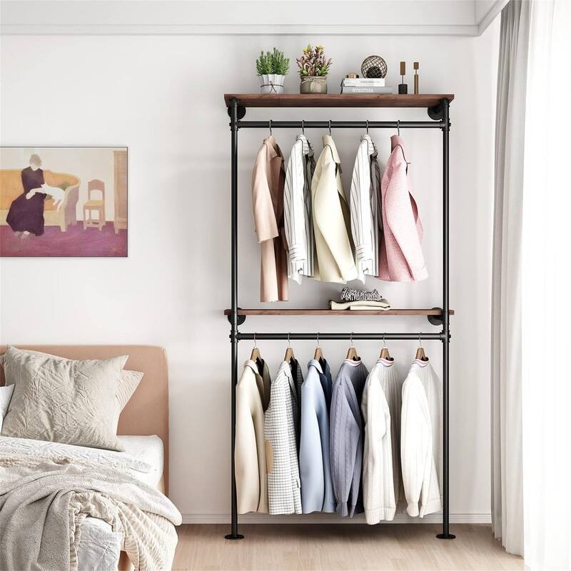 Industrial Pipe Clothing Racks with 2 Tier Shelves