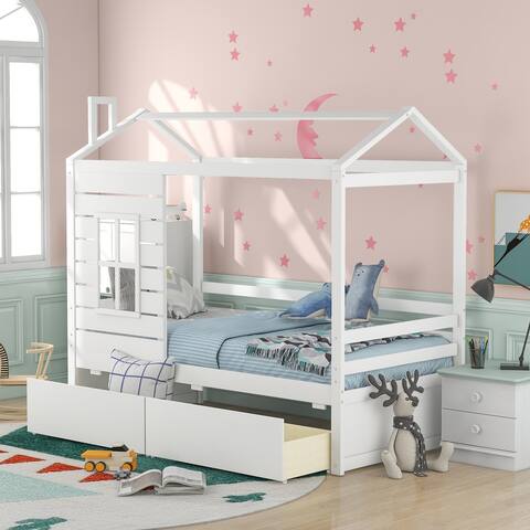 Friendly Design Twin Size White House Bed Wood Bed with Two Drawers and Solid Pine Wood Frame and Grade MDF Board for Bedroom