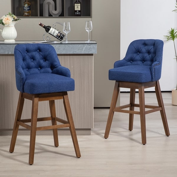 HOMEFUN Linen Upholstered Tufted Wood Frame 360°Swivel Nailhead Bar Stools(set of 2) - Navy Blue