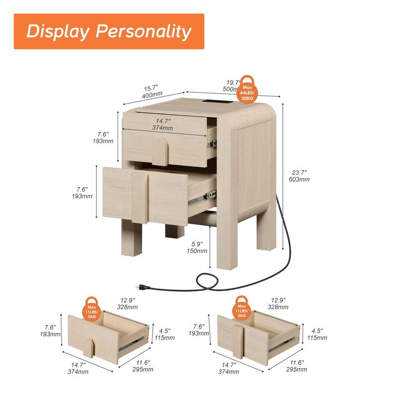 WAMPAT Modern Wood Nightstand With 2 Drawers ,Curved Mid-Century End Table With Built-In Charging Station For Bedroom