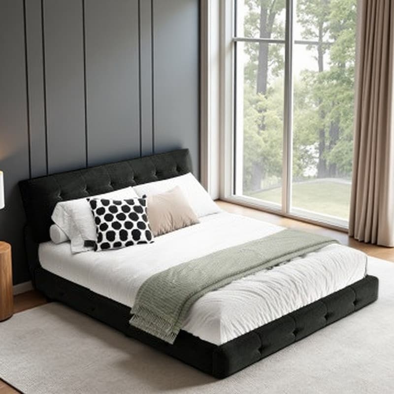 Queen Chenille Upholstered Bed Frame with Tufted Headboard & Oversized Cloud Pillow, Solid Wood & Metal Slat Support