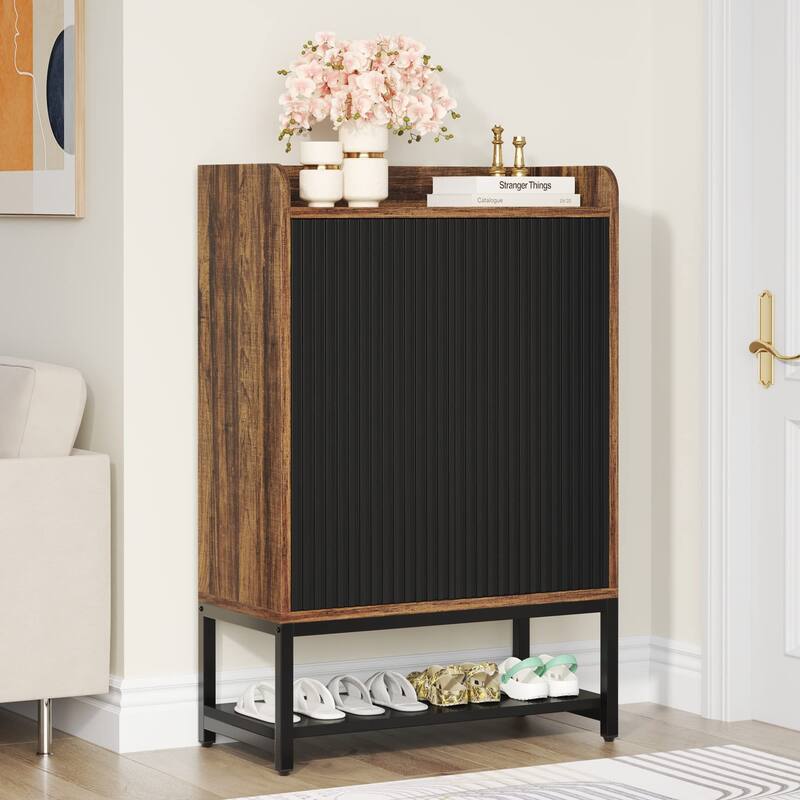 Shoe Cabinet with Door, 5 Tier Shoe Rack - Brown and Black
