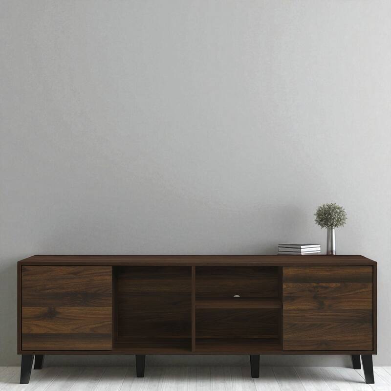 63" Mid Century Modern TV Stand for 70 Inch TVs, Media Console with Cabinets and Open Shelves, Dark Brown TV Console