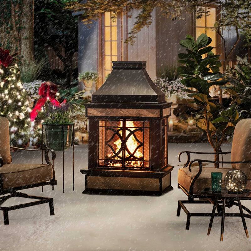 Sunjoy Smith Collection Outdoor Patio Wood Burning Steel Fireplace with Chimney, Spark Screen, Fire Poker, and Removable Grate