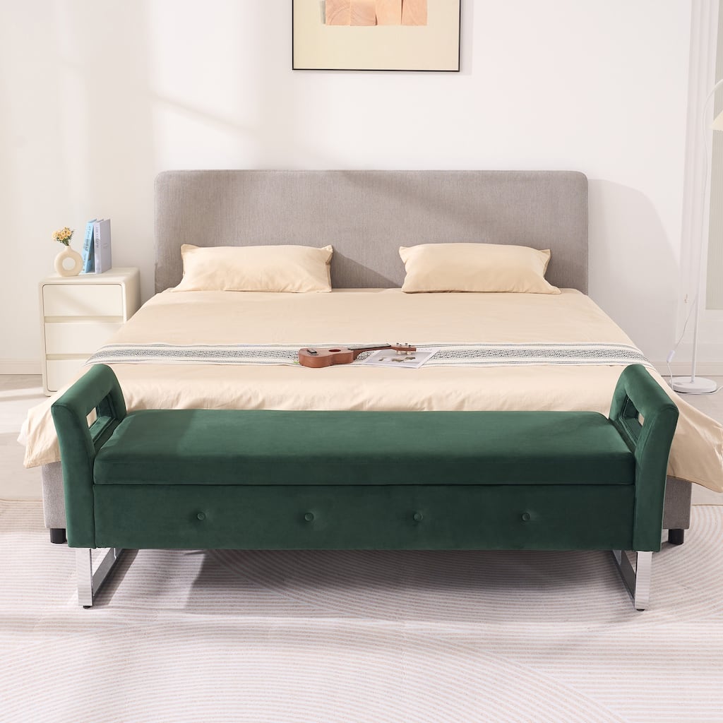 Minimalist Storage Bench End of Bed Bench with Armrests, Upholstered Bench Green Corridor Bench Indoor Bench