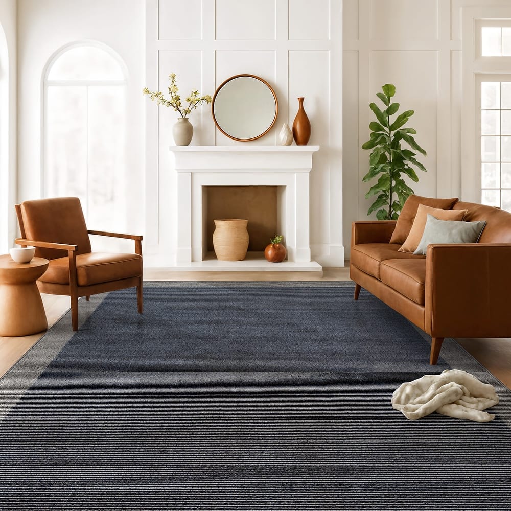 Modern Geometric Stripe Bordered Area Rug for Living Room, Bedroom, or Entryway - Low Pile Indoor Rug