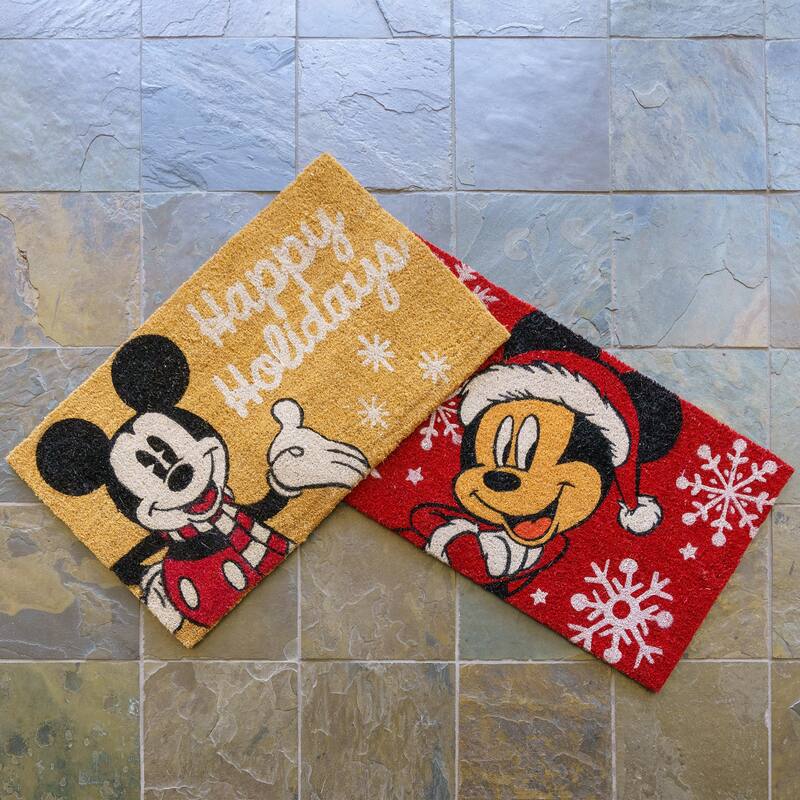 Licensed Disney Mickey Mouse Coir Xmas 'Happy Holidays' and Mickey Santa Door Mats, 2 Pack - 1'6" x 2'8"
