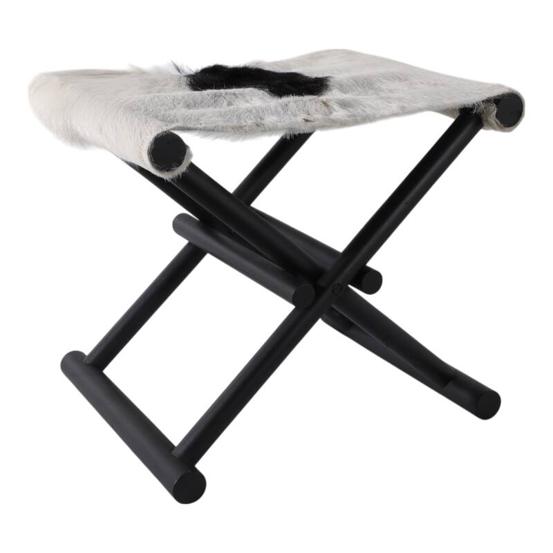 Foldable Backless Cowhide Storage Stool with Solid Wood Frame