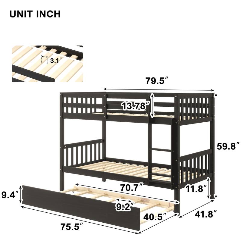 Twin/Full Size Bunk Bed with Trundle, Convertible to 2 Platform Bed