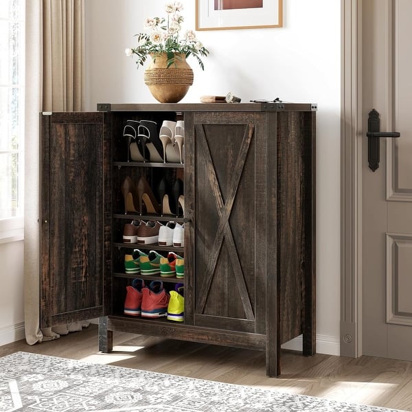 Moasis 5-tier 20 Pair Shoe Storage Cabinet with Double Doors for Entryway - Dark Oak