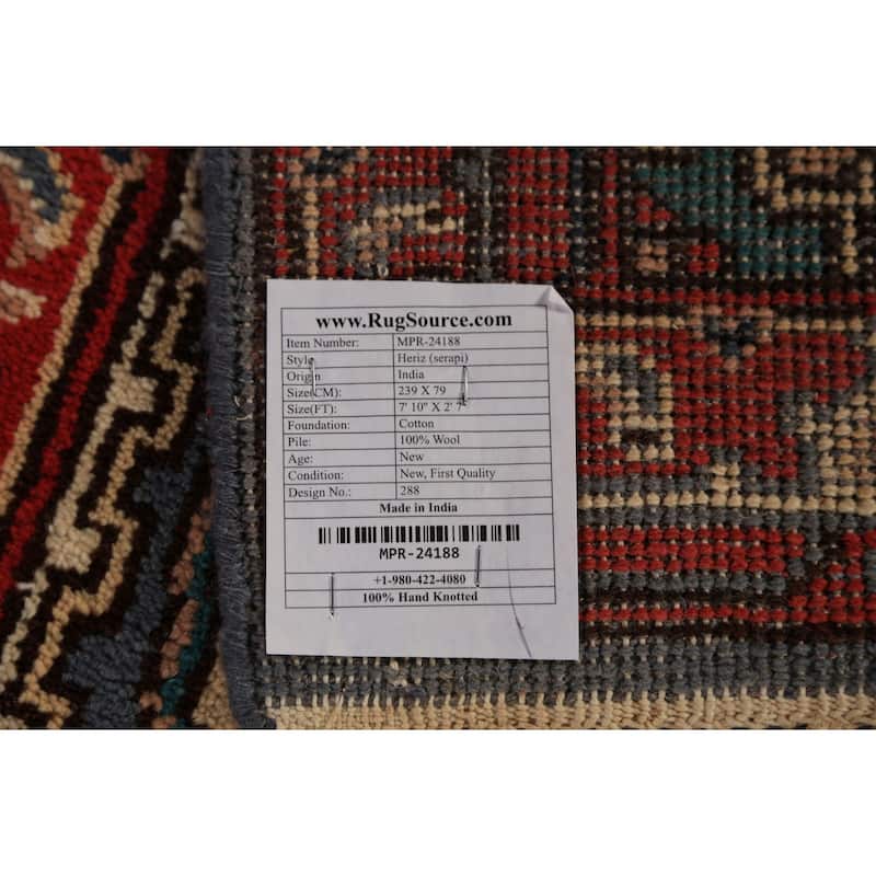 Blue Geometric Heriz Serapi Runner Rug Hand-Knotted Wool Carpet - 2'7"x 7'10"