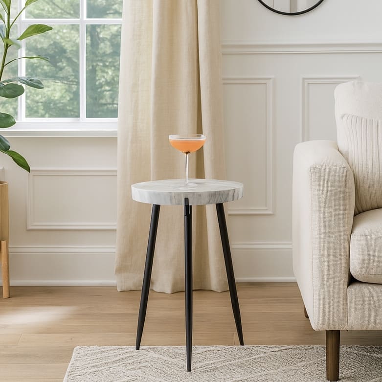 Marble Metal Side Table Modern Sleek Narrow Slender Legs - 21" White - 21.0" - Marble - 21.0" - White