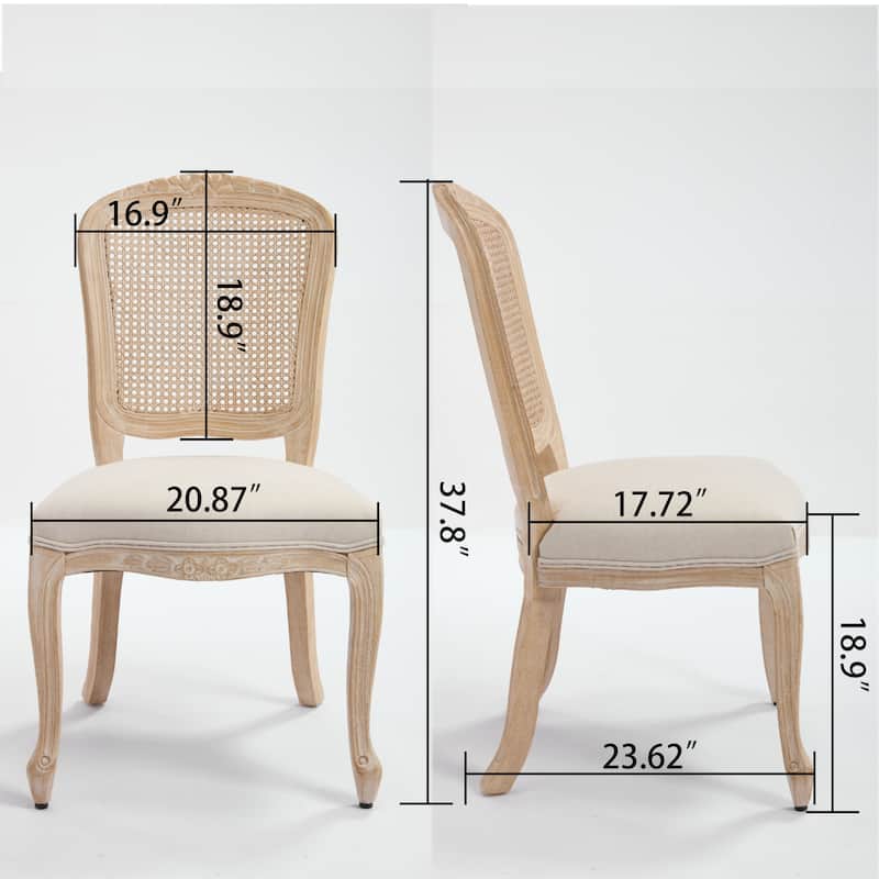French Country Wood Dining Chairs Set of 2 Cotton Linen Seat