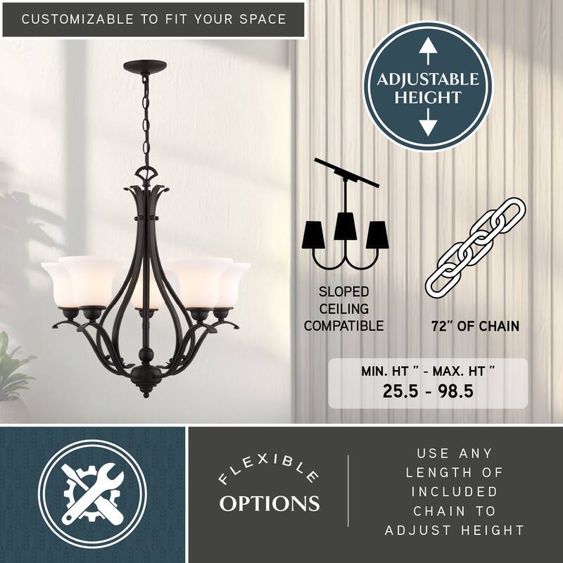VAXCEL Monrovia 5-Light 26 in. Wide Chandelier with White Glass Shade, Adjustable Height Hanging Ceiling Fixture