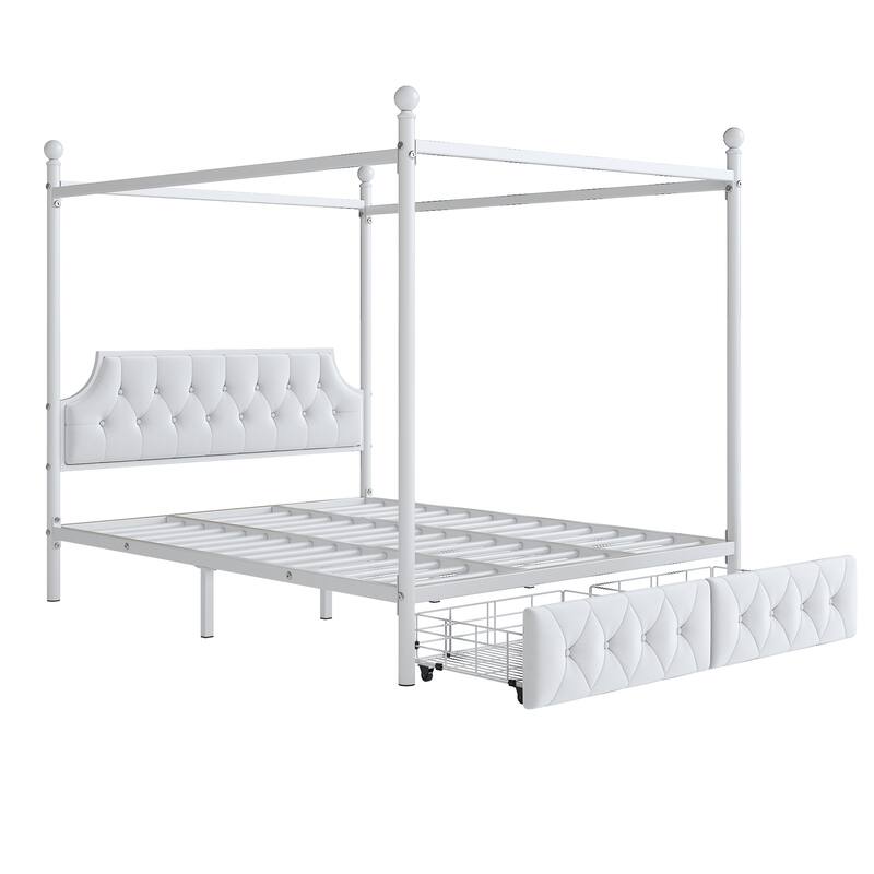 Queen Size Metal Canopy Platform Bed with Upholstered Headboard and Two Drawers