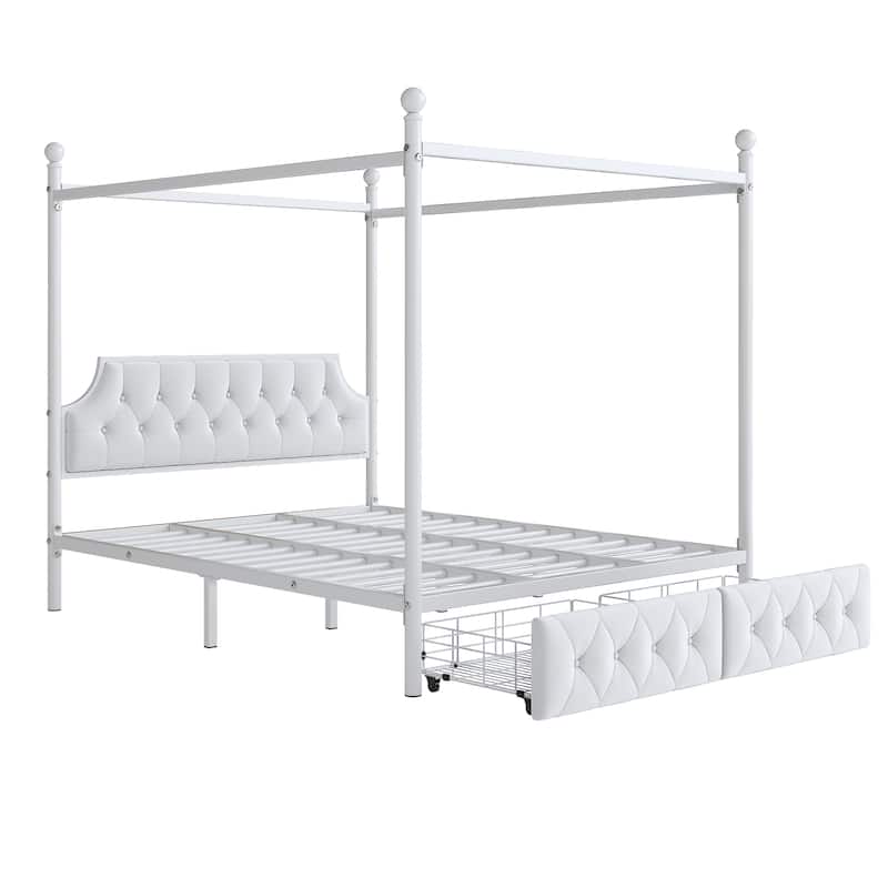 Queen Upholstered Canopy Bed Frame with 2 Drawers and Button Tufted Headboard/Metal Platform Bed Frame/Sturdy Metal Frame/White