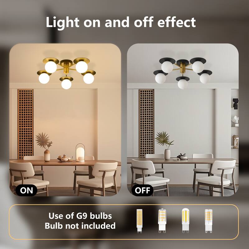 Sputnik Matte Black and Gold 5-Light Semi Flush Mount Light - Matte Black + Gold