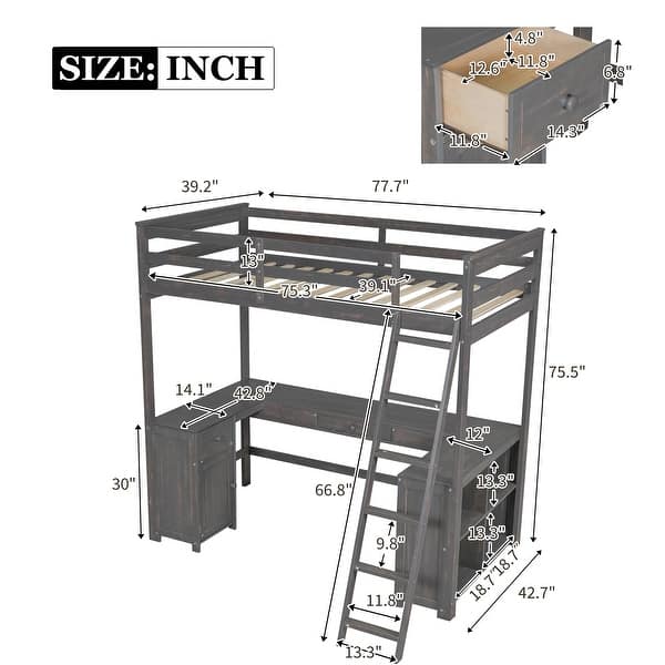 dimension image slide 0 of 2, Elegant Twin Size Loft Bed With U-Shaped Desk, Drawers And Shelves, 1 Cabinet And 2 Drawers
