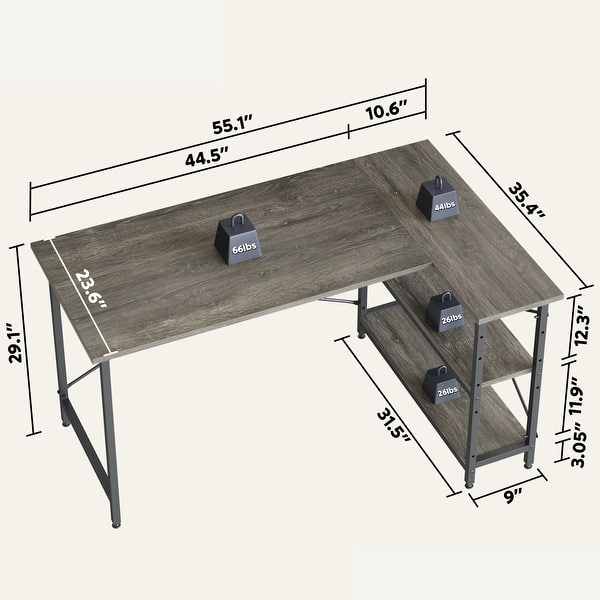 dimension image slide 2 of 13, Small L Shaped Desk with Storage Shelves Corner Computer Desk