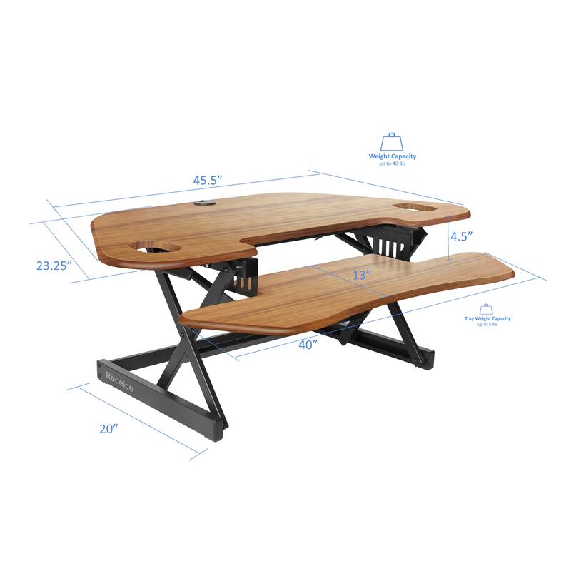 Rocelco 46 in. W Beige Height Adjustable Corner Standing Desk Converter with Anti Fatigue Mat and Dual Monitor Platform